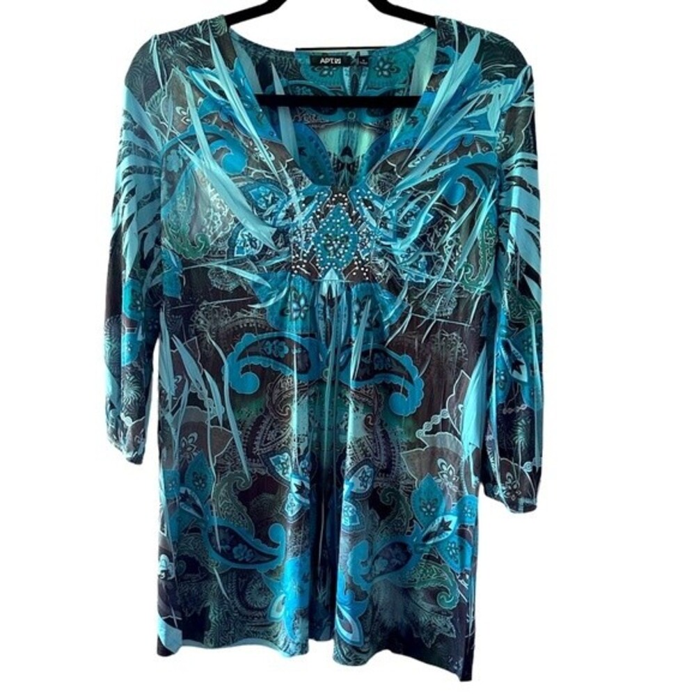Apt 9 Blue Black Paisley Print 3/4 Sleeve Blouse Size S
